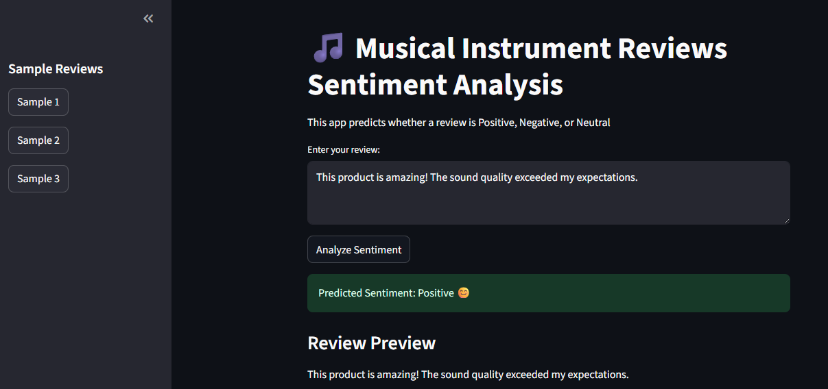 Streamlit-Based Sentiment Analysis App for Musical Instrument Reviews